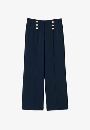 Pantalon large bleu marine à taille haute, avec poches avant et deux rangées de trois boutons dorés de chaque côté de la ceinture.