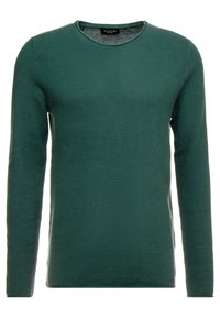 Zielony sweter z dzianiny o fakturowanym wzorze, z okrągłym dekoltem i długimi rękawami. Wykonany z miękkiego materiału, odpowiedni do noszenia na co dzień.