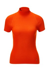 Geribbelde turtleneck top met korte mouwen in fel oranje. Heeft een aansluitende pasvorm, textuurstof en een klein logo-accent aan de zoom.