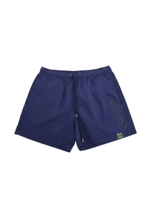 Costume da bagno blu navy con vita elastica e coulisse, tasche laterali e una piccola etichetta quadrata sulla gamba sinistra in basso.