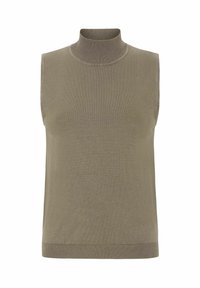 Top bez rukava u maslinasto zelenoj boji od pletiva s glatkom teksturom te rebrastim izrezom i rubom. Nema vidljivih uzoraka ili metalnih dijelova.
