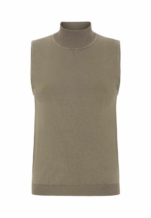 Top bez rukava u maslinasto zelenoj boji od pletiva s glatkom teksturom te rebrastim izrezom i rubom. Nema vidljivih uzoraka ili metalnih dijelova.