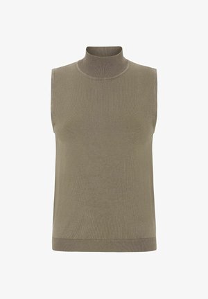Top brez rokavov v olivno zeleni pleteni tkanini z gladko teksturo ter rebrastim ovratnikom in robom. Brez vidnih vzorcev ali dodatkov.