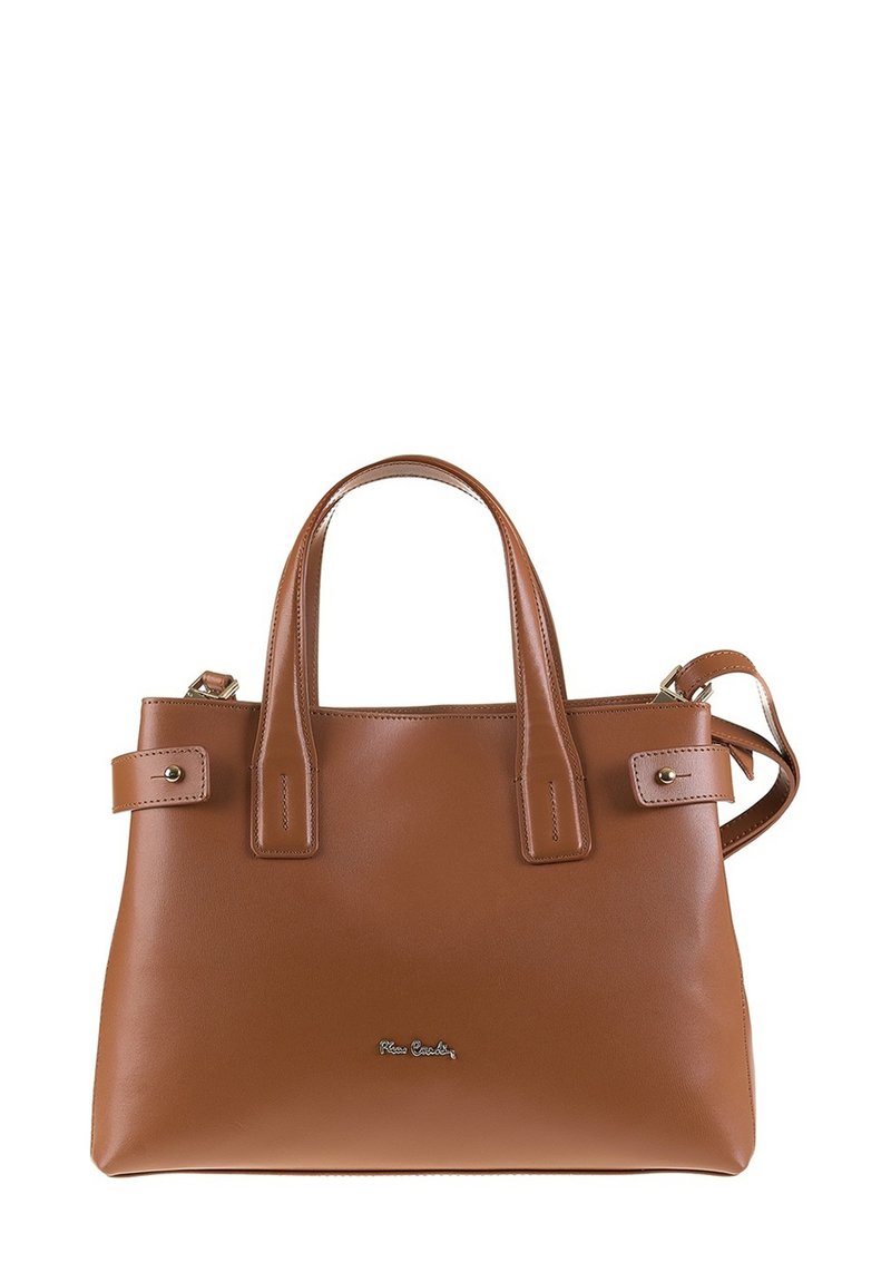 Borsa a tracolla in pelle marrone con due manici superiori, tracolla removibile e finitura liscia. Presenta un piccolo logo sulla parte anteriore.