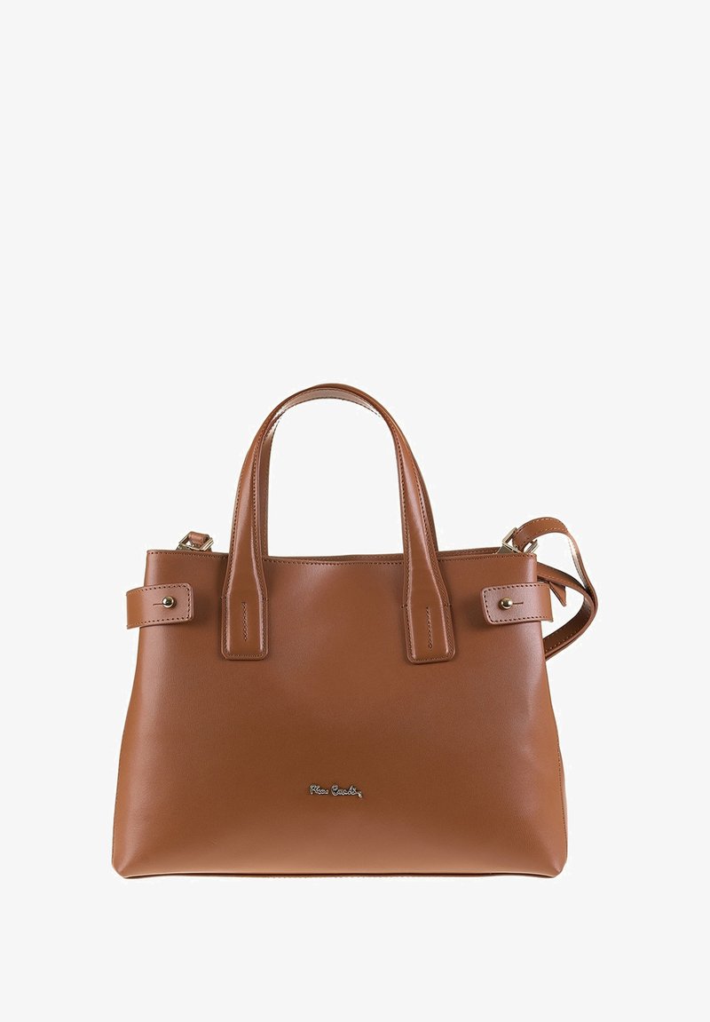 Bruine leren handtas met twee bovenhandvatten, een afneembare schouderband en een gladde afwerking. Voorzien van een klein logo aan de voorkant.