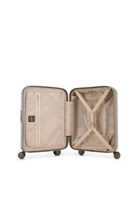 Offener Hartschalenkoffer mit beigem Innenfutter, Netzfach mit Reißverschluss auf der linken Seite und verstellbaren Kreuzgurten auf der rechten Seite zur Sicherung von Gegenständen.