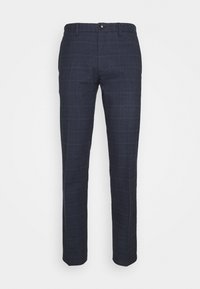 Pantaloni a quadri blu navy con taglio dritto, chiusura con bottone e un tessuto a trama fine, che presenta linee sottili in un motivo a griglia.