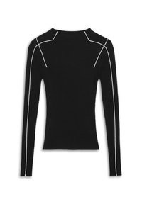 Haut noir à manches longues côtelé avec des détails de piping blanc le long des épaules et des manches, encolure ras du cou et silhouette ajustée.