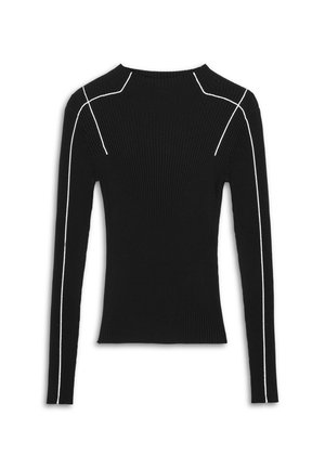 Top lungo a maniche nere con costine e dettagli in piping bianco lungo le spalle e le maniche, scollatura a girocollo e silhouette aderente.