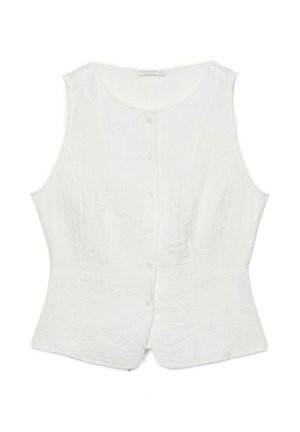 Weißes ärmelloses Weste mit Knöpfen, rundem Ausschnitt und tailliertem Detail vor neutralem Hintergrund.