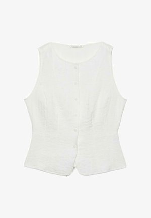 Biała bezrękawnik zapinany na guziki, z okrągłym dekoltem i dopasowanym detalem w talii na jednolitym tle.