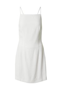 Weißes Leinenkleid mit verstellbaren dünnen Trägern, quadratischem Ausschnitt, figurbetontem Oberteil und weit schwingendem Rock. Strukturierter Stoff mit glatter Verarbeitung.