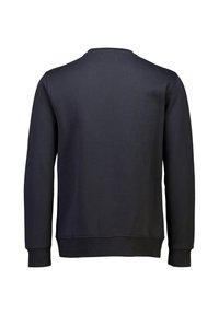 Sudadera negra de cuello redondo hecha de una mezcla de algodón, con mangas largas y un dobladillo acanalado. Textura suave con un acabado de color sólido.