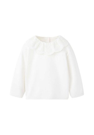 Maglione bianco per neonati a manica lunga con colletto di pizzo arricciato e chiusura posteriore con bottoni.