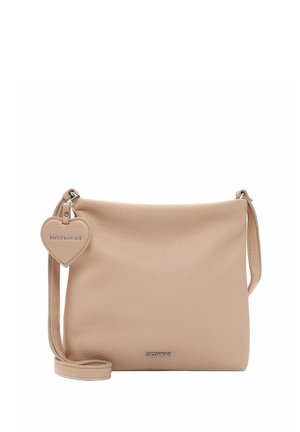 Beige leather shoulder bag with a textured finish, flat shape, adjustable strap, and a heart-shaped charm embossed with "Emily & Noa."