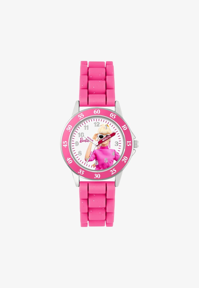 Montre en caoutchouc rose avec un cadran rond blanc présentant un graphique de Barbie, des accents argentés et une lunette rose avec des marqueurs de minutes.