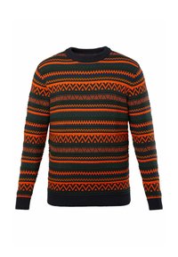 Pull en tricot avec un motif de rayures orange, vert et bleu et des designs géométriques. Col rond côtelé et poignets.