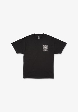 Camiseta de algodón negra de mangas cortas, con un logo gráfico blanco en el lado izquierdo del pecho y un cuello redondo. Textura suave.