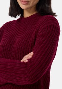 Bordeaux gebreide trui met een gestructureerd ribbelpatroon, ronde halslijn en lange mouwen. De stof lijkt zacht en comfortabel.