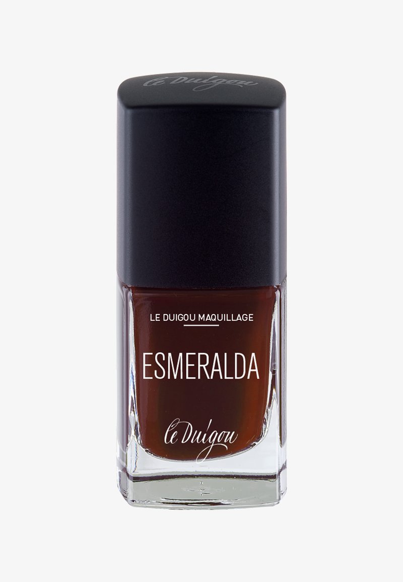 Bouteille de vernis à ongles brun foncé avec un bouchon noir portant l'étiquette "Esmeralda" de Le Duigou Maquillage.