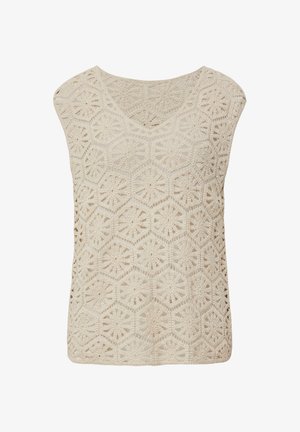 Beiger Häkel-Oberteil mit einem sechseckigen Muster, V-Ausschnitt und ärmellosem Design, gefertigt aus leichtem, strukturiertem Garn.