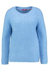 Ljusblå stickad tröja med rund halsringning, långa ärmar och ribbade muddar. Har ett strukturerat mönster genom hela plagget.