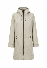 Hellbeige Regenjacke mit Kapuze, Reißverschluss und zwei Fronttaschen. Verfügt über verstellbare Kordelzüge und eine lockere Passform. Wasserfestes Material.