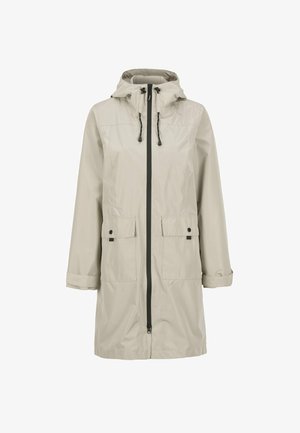 Veste de pluie beige clair avec capuche, fermeture éclair et deux poches avant. Dotée de cordons de serrage réglables et d'une coupe décontractée. Matériau imperméable.