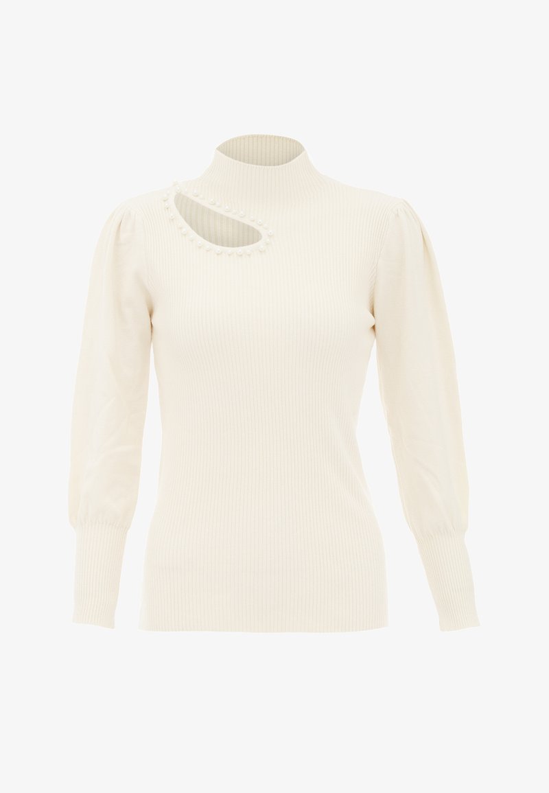 Gestreifter weißer Rollkragenpullover mit puffartigen langen Ärmeln, der am Hals mit kleinen dekorativen Perlen verziert ist.