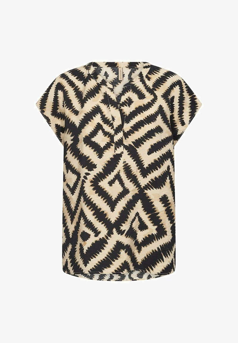 Rövid ujjú felső világos bézs színben, merész fekete cikk-cakk mintával. V-nyakú, laza szabású. Puha, texturált anyag.