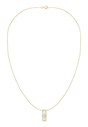 Zarte Goldkette mit einem rechteckigen Anhänger mit kleinen Diamanten und goldenen Blumenakzenten.