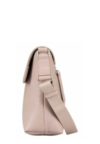 Sac à main en cuir rose clair avec une forme structurée, équipé d'une bandoulière en toile amovible et d'accents en métal argenté. Texture lisse, design minimaliste.