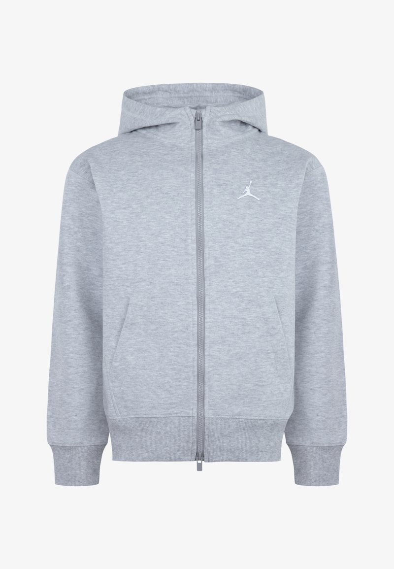 Felpa grigia con zip e tasca a marsupio, polsini a costine e un logo bianco sul lato sinistro del petto. Realizzata in un morbido tessuto texture.