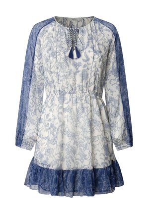 Bloemendruk jurk met witte basis en blauwe accenten, voorzien van lange doorzichtige kant mouwen, een franje detail bij de halslijn en een gerimpelde zoom.