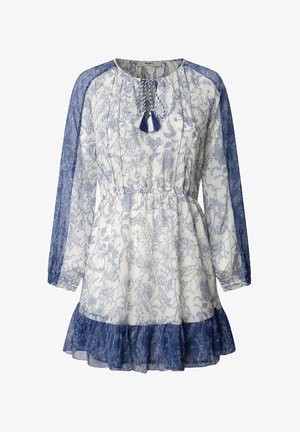 Kukallinen mekko, jossa on valkoinen pohja ja sinisiä yksityiskohtia. Mekossa on pitkät läpinäkyvät pitsihihat, tupsu yksityiskohta kaula-aukossa ja frillakoriste alaosassa.