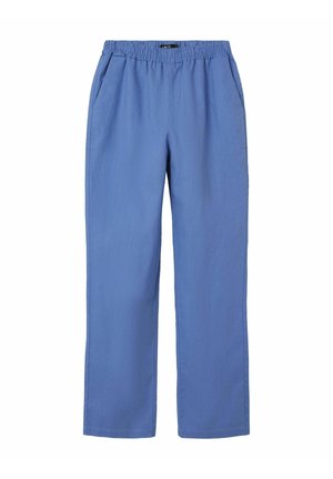 Pantalon bleu à jambes droites avec taille élastique et poches latérales, conçu pour un usage décontracté.