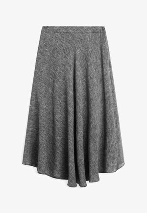Gray, knee-length skirt made of textured fabric with a flared design. Features a smooth waistband and drapes softly from the waist.