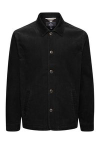 Black corduroy jacket featuring a collared neck, button closure, two side pockets, and a textured fabric pattern.