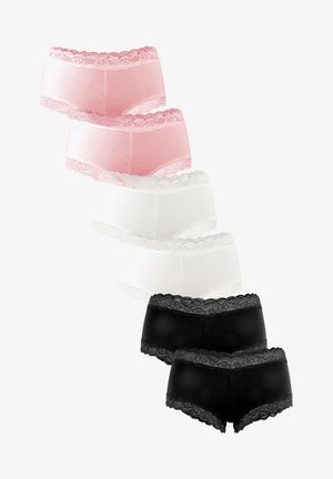 Set of four pairs of women's hipster underwear in pink, white, and black. Each features a lace trim along the waistband and soft cotton body.