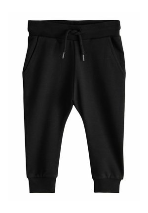 Sorte sweatpants til småbørn med elastisk talje, snøre, sidelommer og ribkanter på en hvid baggrund.