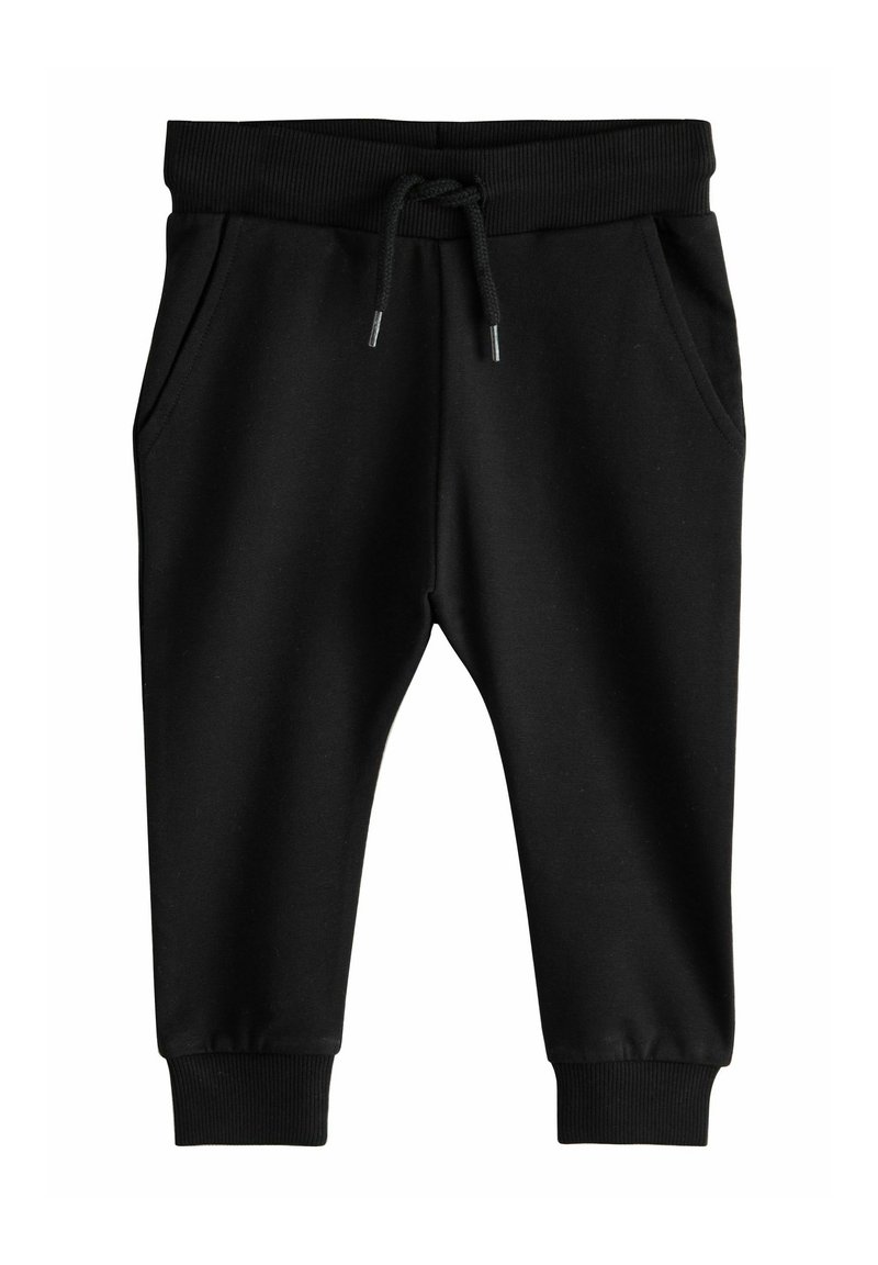 Pantalon de jogging noir pour tout-petit avec taille élastique, cordon de serrage, poches latérales et poignets côtelés sur fond blanc.