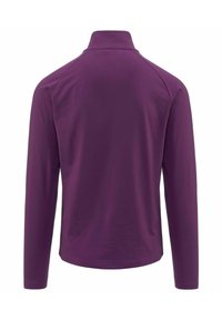 Maglietta a maniche lunghe di colore viola uniforme, con colletto alto. Tessuto morbido e elastico con vestibilità rilassata e senza cuciture visibili.