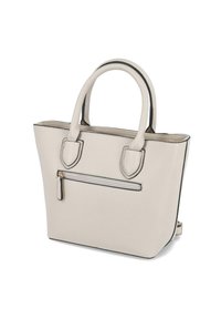Beige Handtasche mit Textur, zwei stabilen Griffen, einer Reißverschlusstasche an der Vorderseite und kontrastierenden schwarzen Abschlüssen, die eine strukturierte Form bietet.