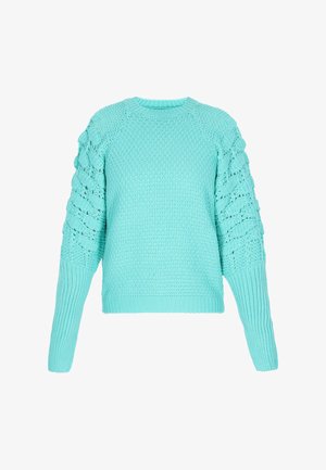 Pulover tricotat de culoare albastru deschis, cu față texturată și model de tip grătar deschis pe mânecile superioare, cu manșete lungi ríbate și guler rotund.