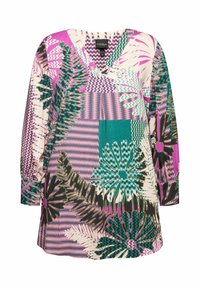Tunica multicolore con maniche lunghe, caratterizzata da un motivo floreale nei toni del rosa, turchese e nero. Design a scollo a V con accenti geometrici vari.