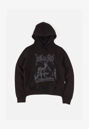 Black hoodie made of soft fabric with a front pocket. Features a graphic print of a house in gray, with a drawstring hood.