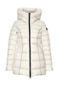 Giacca puffa di colore panna chiaro con colletto alto e ripiegato, cuciture verticali, zip frontale e accenti neri sulla spalla sinistra e sulla zip.
