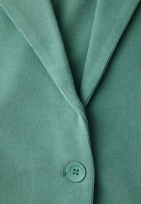 Groene geribbelde stoffen blazer met een puntige kraag en een ronde, teal kleurige knop versierd met de tekst "Street One." De textuur lijkt zacht en fijn te zijn.