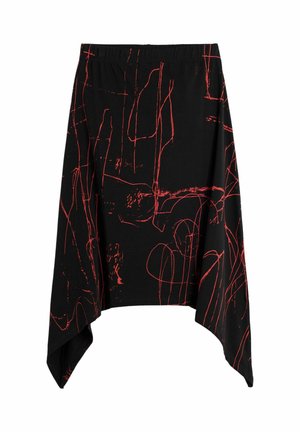 Jupe asymétrique noire avec des motifs de lignes abstraites rouges et une ceinture élastique.
