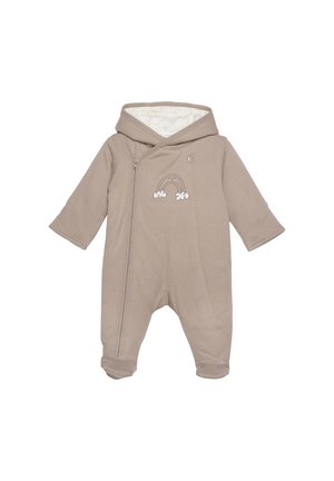 Braunes Baumwollbaby-Overall mit Kapuze, Frontreißverschluss, gesticktem Regenbogen und Wolken, langen Ärmeln und gerippten Bündchen. Weiche Innenauskleidung.